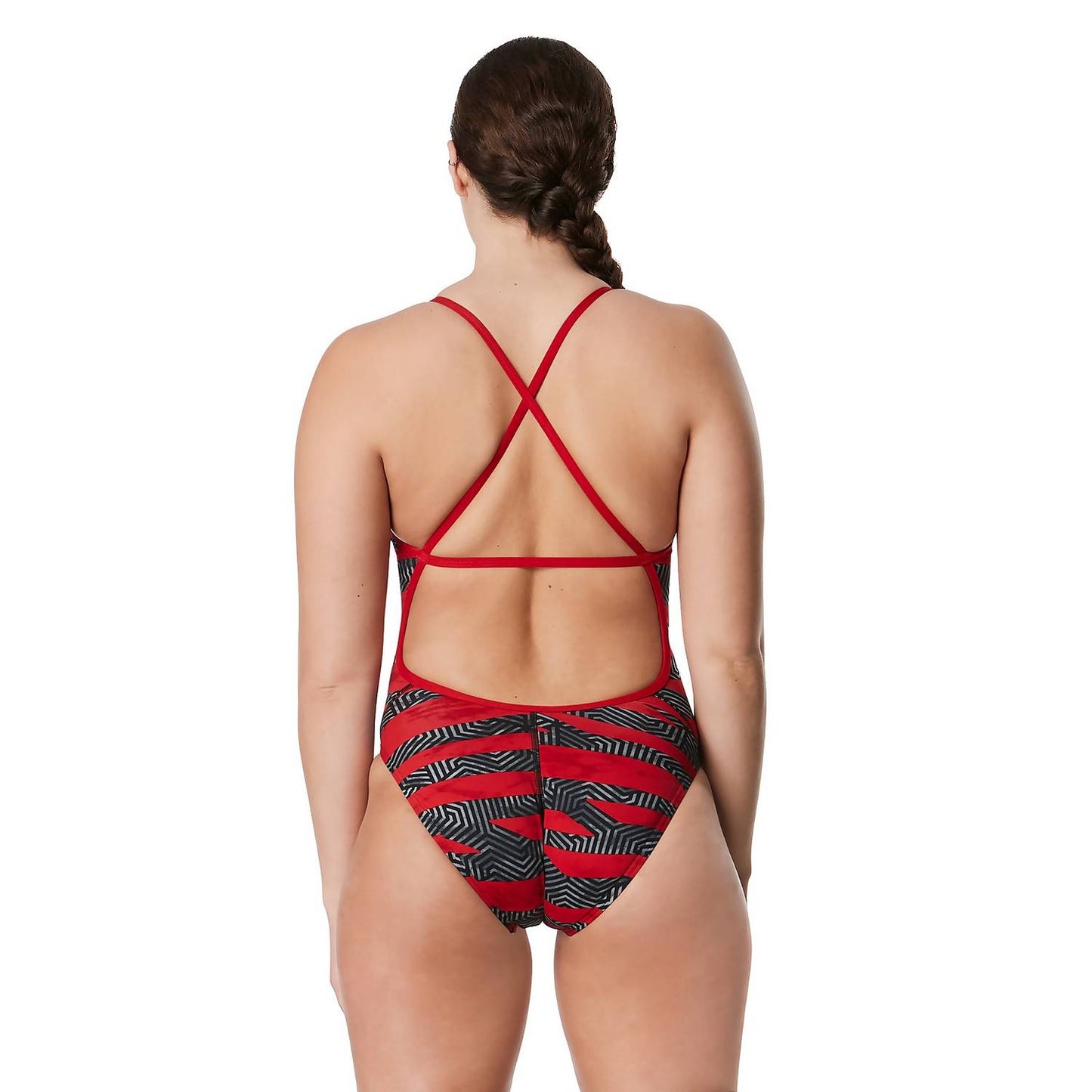 SPEEDO Red Contort Stripes Crossback One Piece